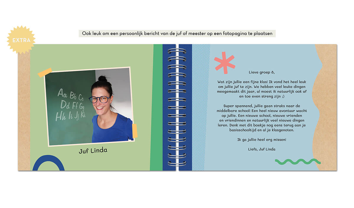 een fotopagina met bericht van de juf of meester in schoolboekje voor het afscheid van groep 8